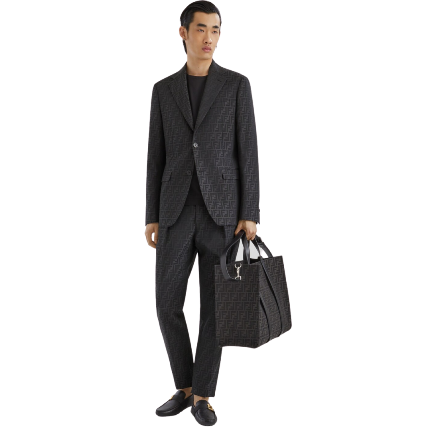 Grand sac shopping FENDI tissu jacquard recyclé motif FF gris