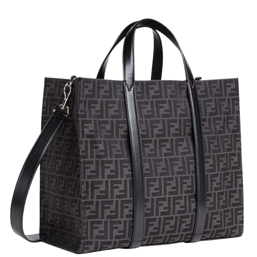 Grand sac shopping FENDI tissu jacquard recyclé motif FF gris
