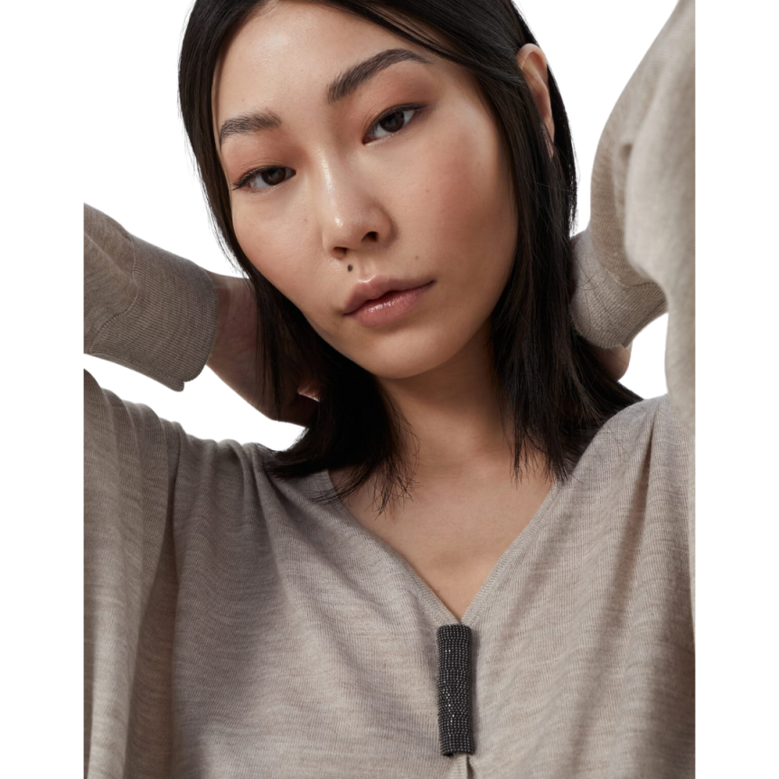 Pull Col V BRUNELLO CUCINELLI léger cachemire soie Beige Monilli