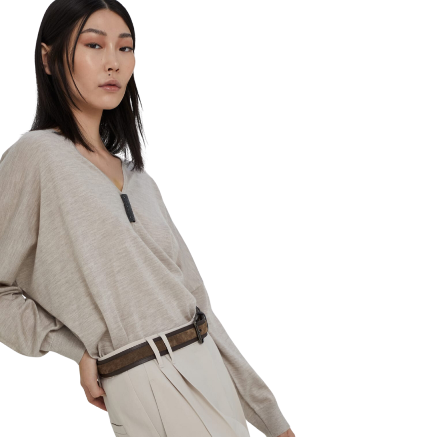 Pull Col V BRUNELLO CUCINELLI léger cachemire soie Beige Monilli