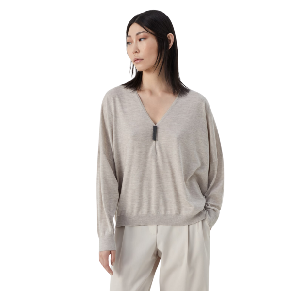 Pull Col V BRUNELLO CUCINELLI léger cachemire soie Beige Monilli