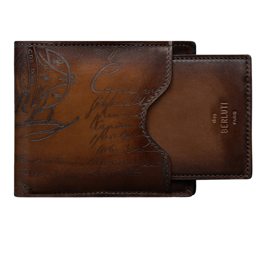 Portefeuille BERLUTI Makoré 2 en 1 Cuir Scritto Cacao Intenso