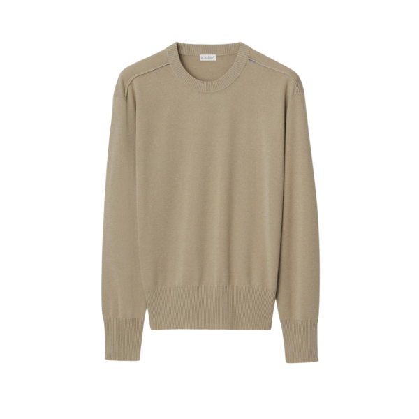 Pull manches longues col rond beige liseret bleu épaules