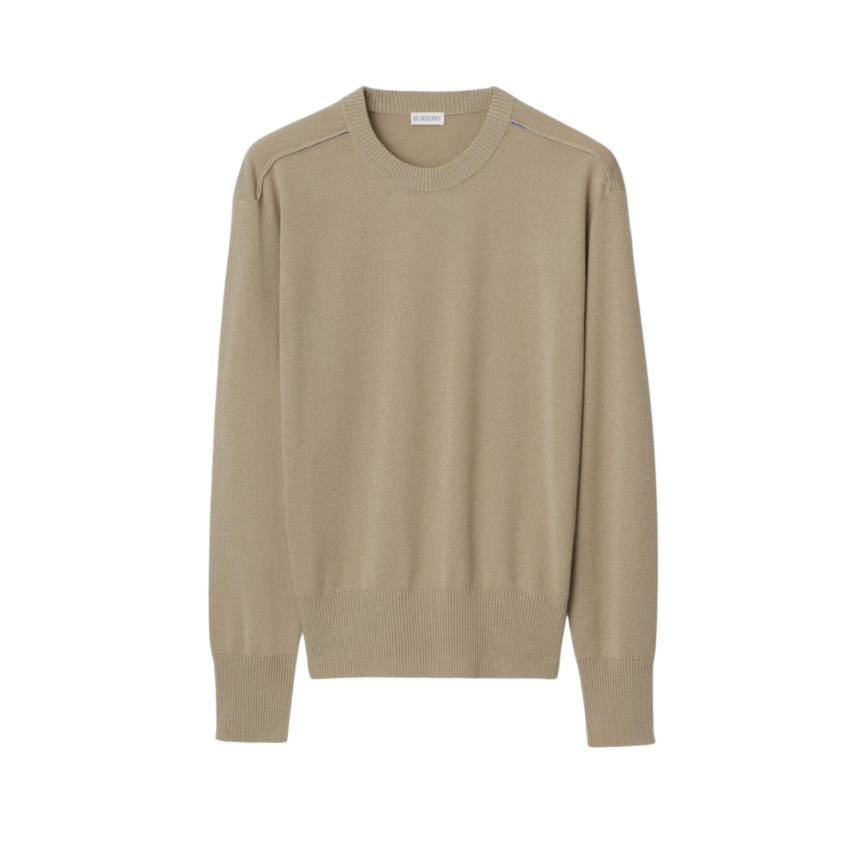 Pull manches longues col rond beige liseret bleu épaules