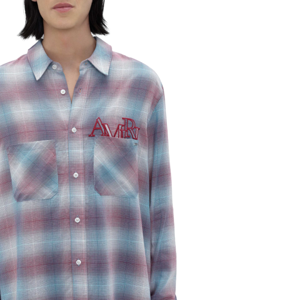 Chemise manche longue AMIRI flanelle carreaux bleu rouge logo écriture poitrine dos