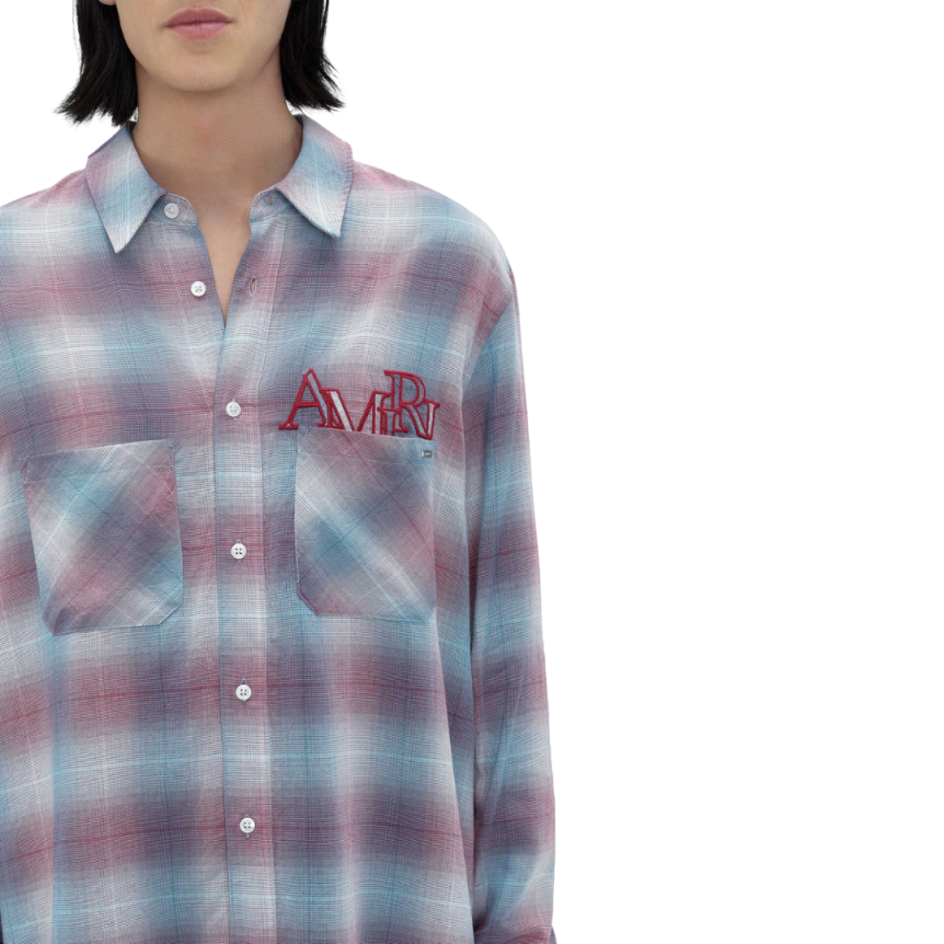 Chemise manche longue AMIRI flanelle carreaux bleu rouge logo écriture poitrine dos