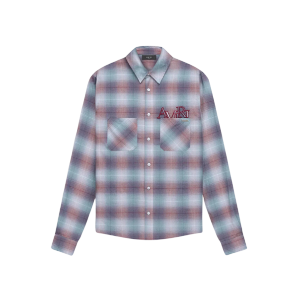 Chemise manche longue AMIRI flanelle carreaux bleu rouge logo écriture poitrine dos