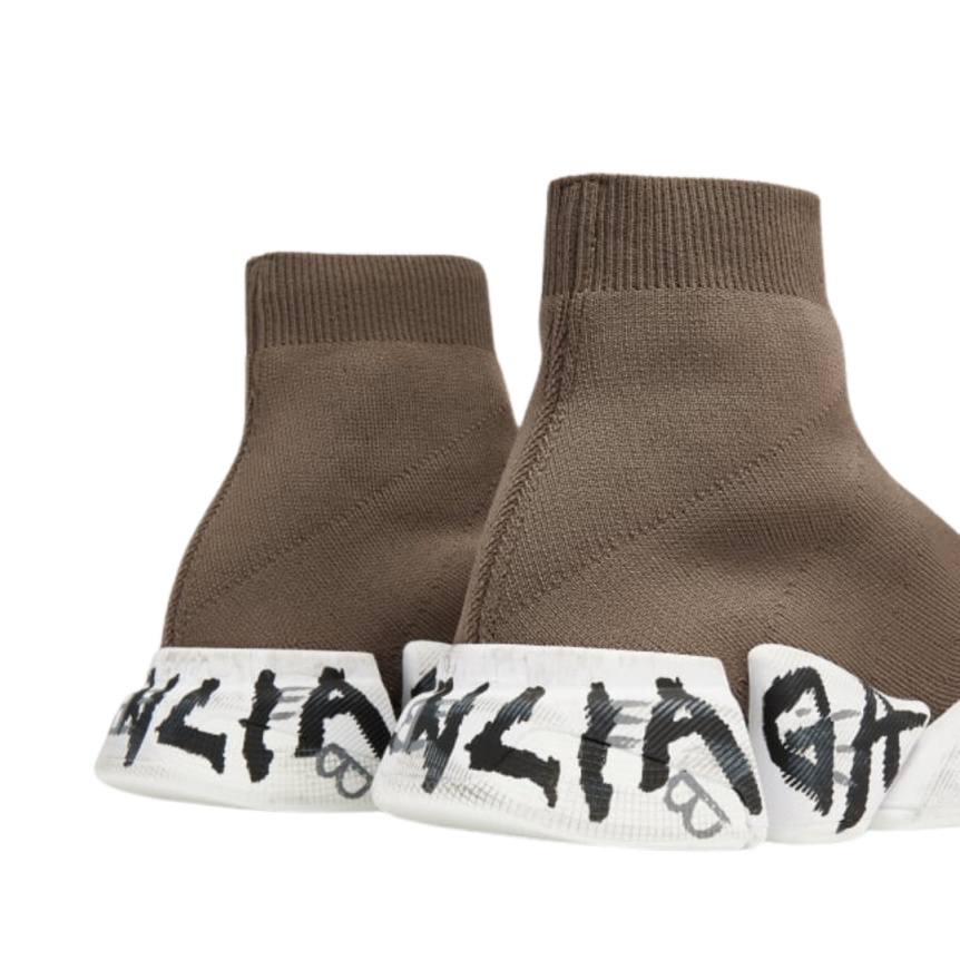 Sneaker BALENCIAGA Speed 2.0 Graffiti maille beige taupe semelle tag noir
