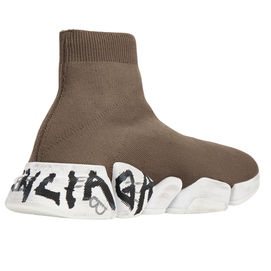 Sneaker BALENCIAGA Speed 2.0 Graffiti maille beige taupe semelle tag noir