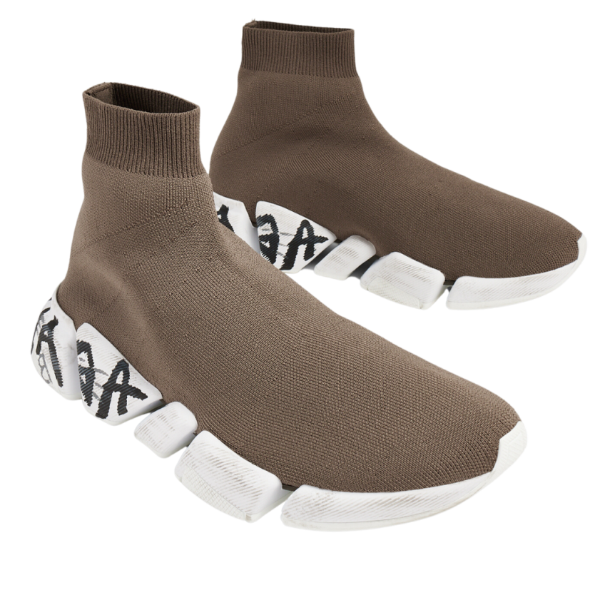 Sneaker BALENCIAGA Speed 2.0 Graffiti maille beige taupe semelle tag noir