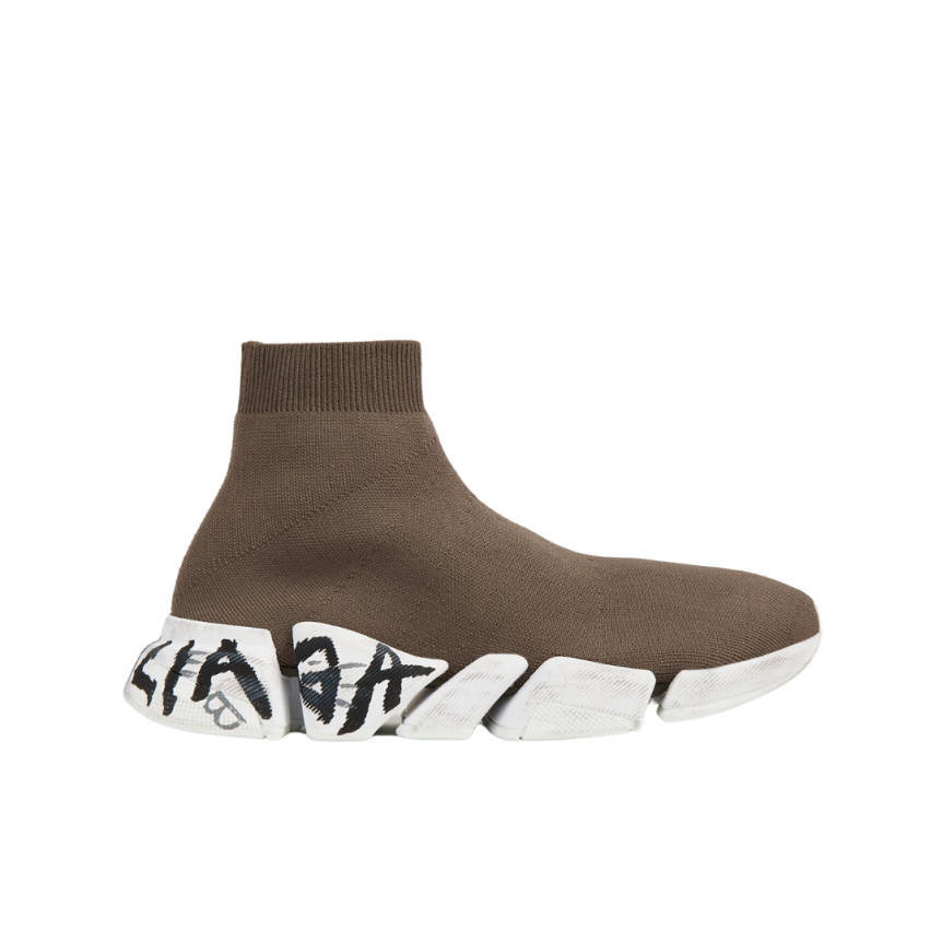 Sneaker BALENCIAGA Speed 2.0 Graffiti maille beige taupe semelle tag noir