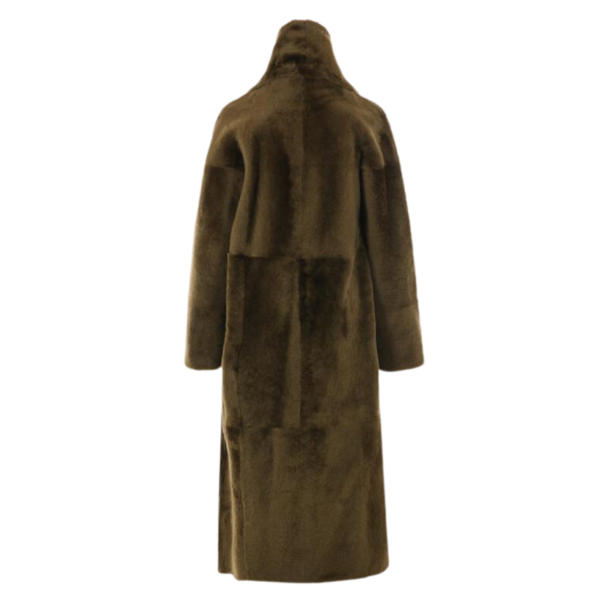 Manteau long ample YVES SALOMON col montant agneau vert kaki ceinture