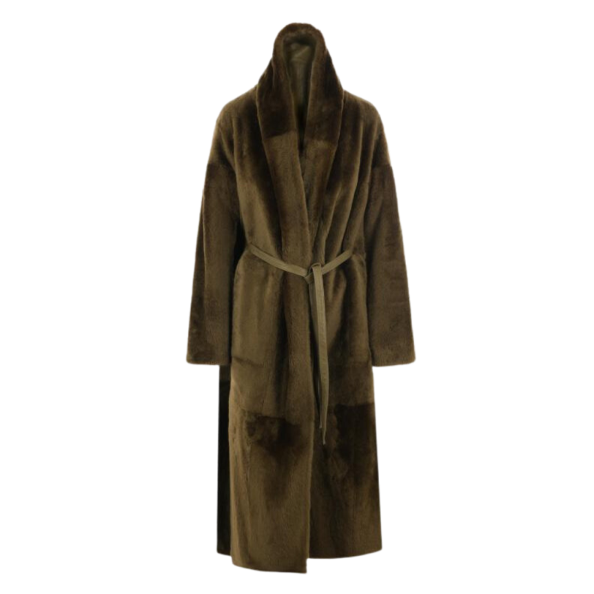 Manteau long ample YVES SALOMON col montant agneau vert kaki ceinture