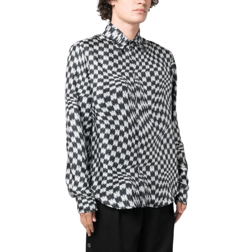 Chemise manche longue AMIRI soie pied de poule multi logo noir blanc