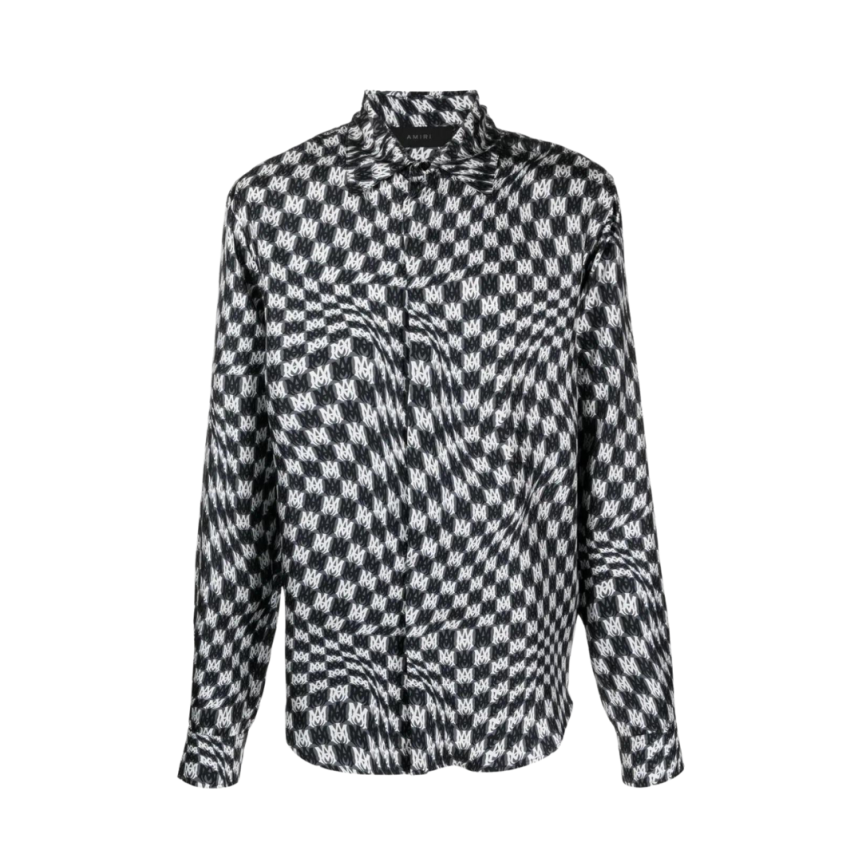 Chemise manche longue AMIRI soie pied de poule multi logo noir blanc