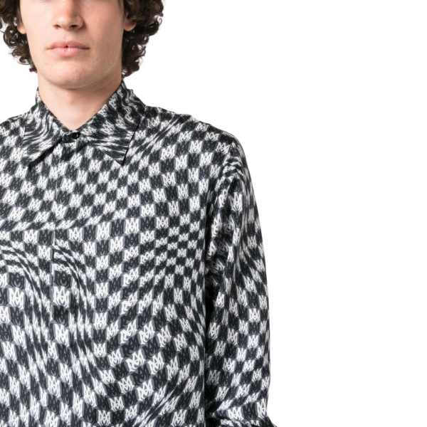 Chemise manche longue AMIRI soie pied de poule multi logo noir blanc