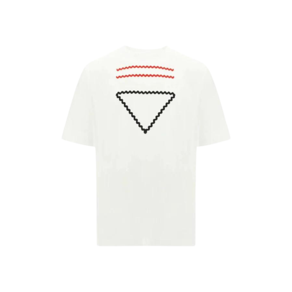 T-shirt PRADA col rond coton blanc broderie rouge triangle noir