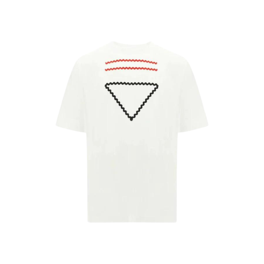 T-shirt PRADA col rond coton blanc broderie rouge triangle noir
