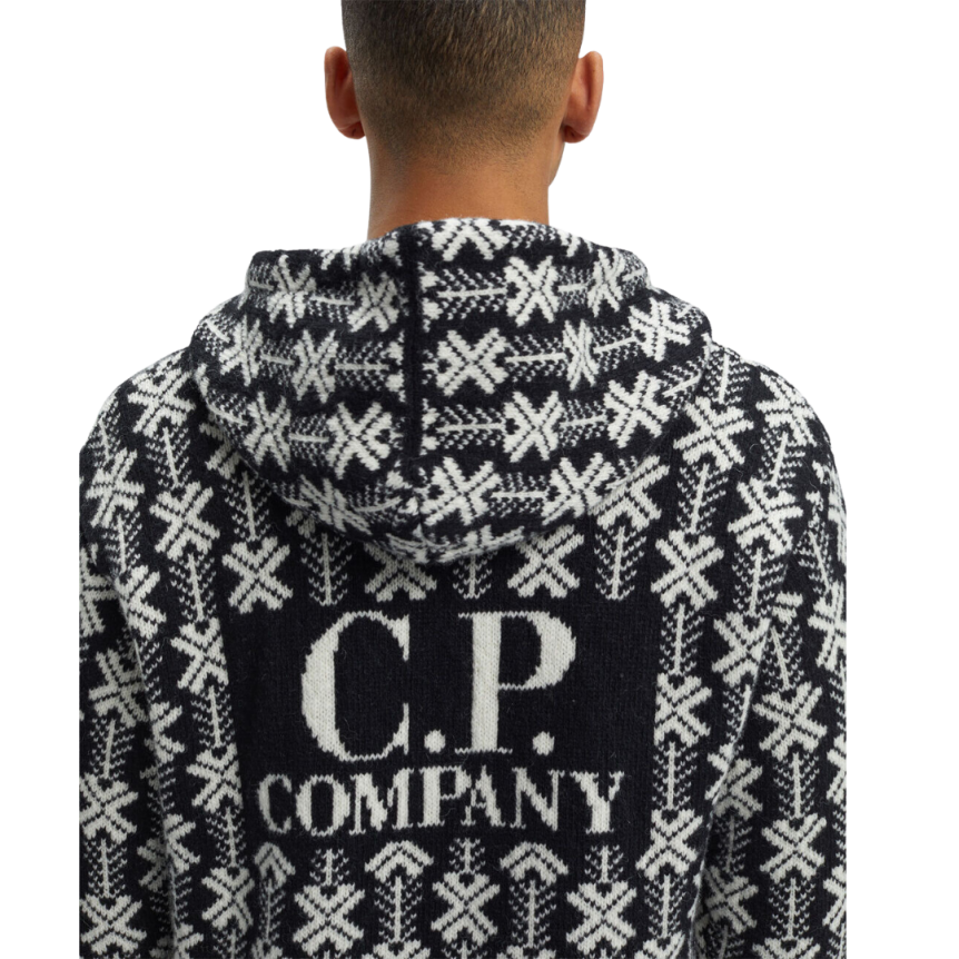 Pull à capuche CP COMPANY laine jacquard noir logo