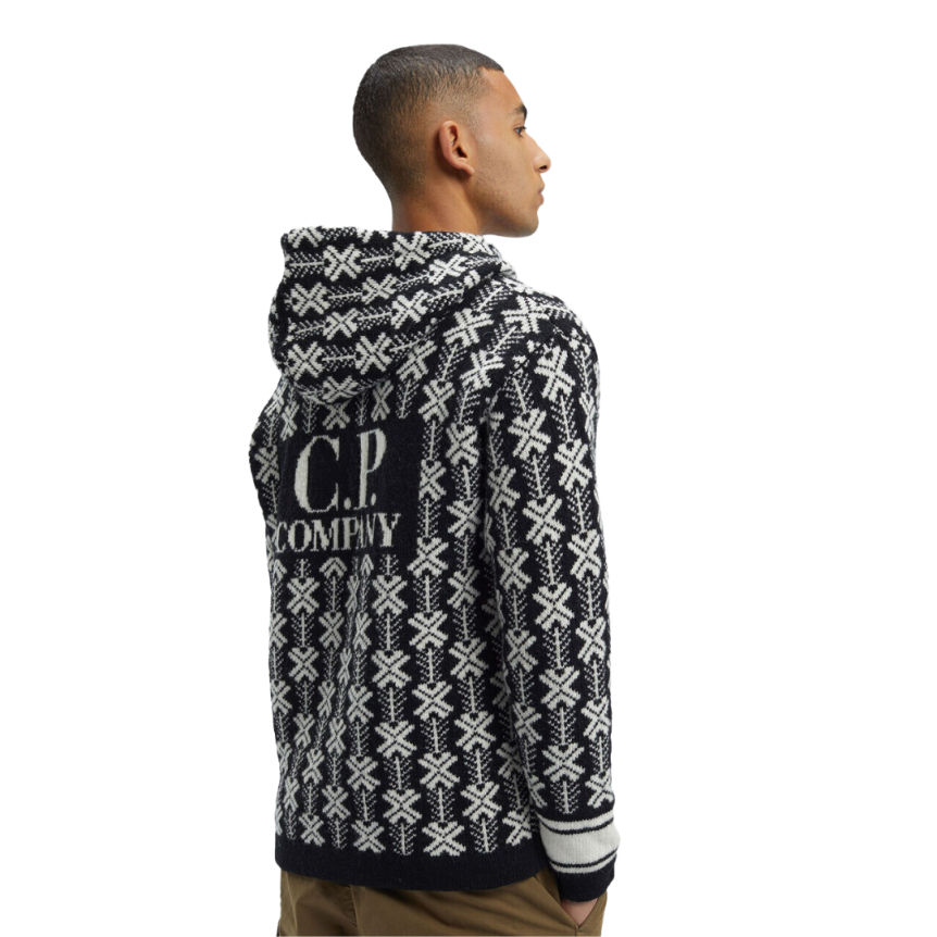Pull à capuche CP COMPANY laine jacquard noir logo
