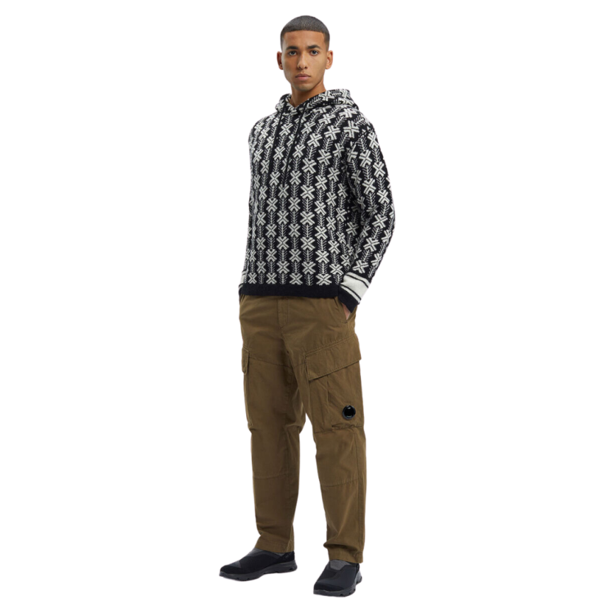 Pull à capuche CP COMPANY laine jacquard noir logo