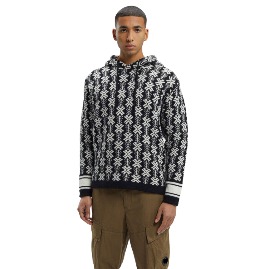 Pull à capuche CP COMPANY laine jacquard noir logo