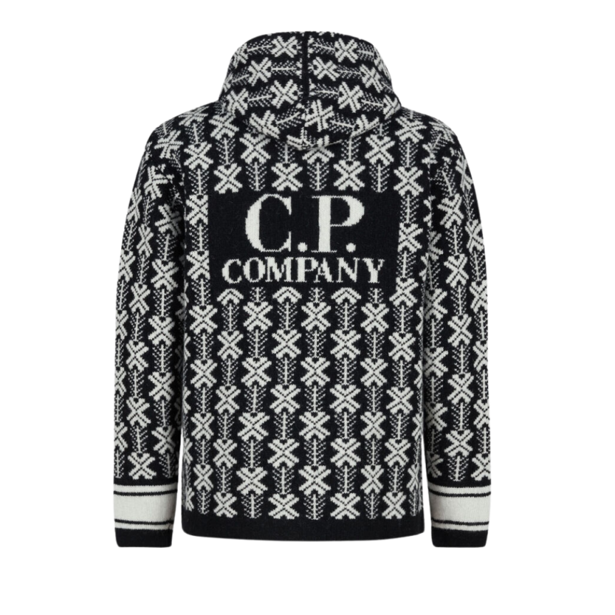 Pull à capuche CP COMPANY laine jacquard noir logo
