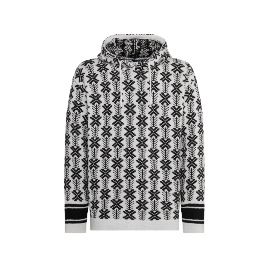 Pull à capuche CP COMPANY laine jacquard blanc logo