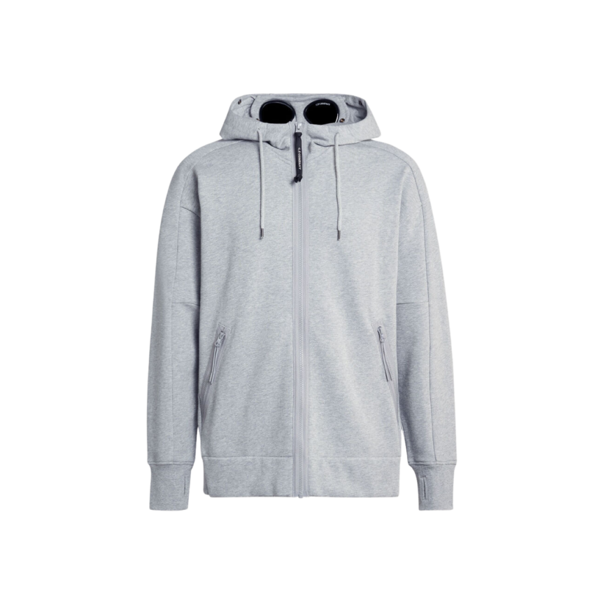 Sweat-shirt zippé CP COMPANY coton gris chiné lunettes capuche