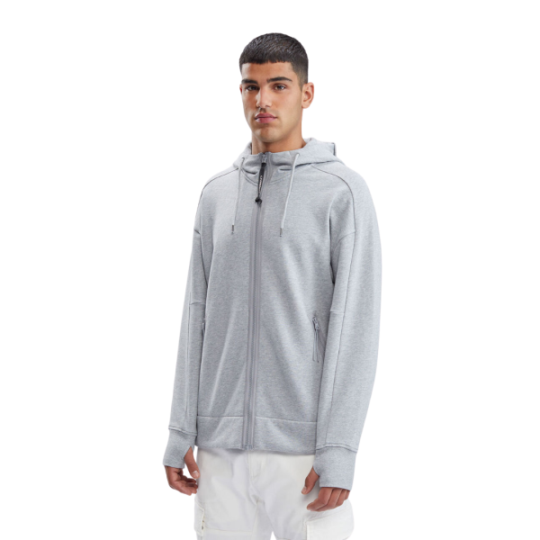 Sweat-shirt zippé CP COMPANY coton gris chiné lunettes capuche