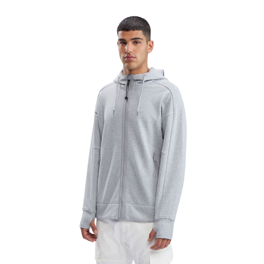 Sweat-shirt zippé CP COMPANY coton gris chiné lunettes capuche