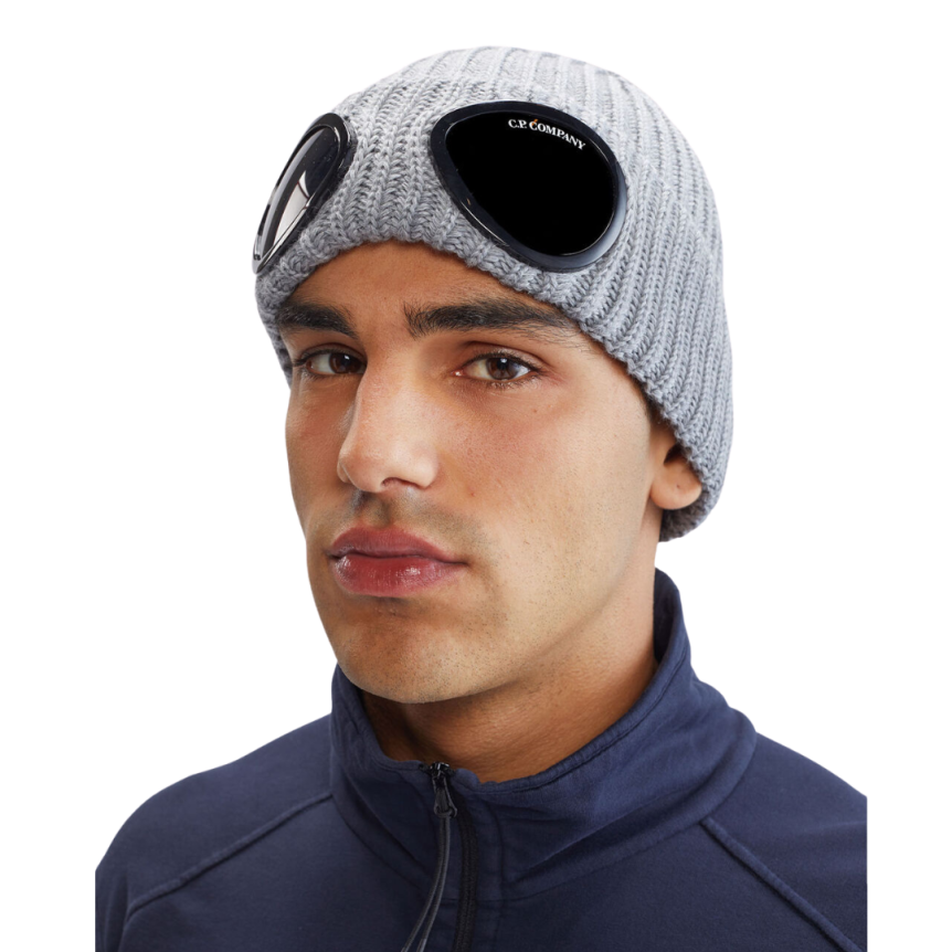 Bonnet CP COMPANY laine côtelée gris chiné lunettes