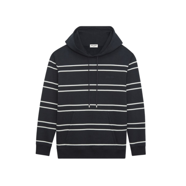 SAINT LAURENT Hoodie coton noir brodé à rayures blanches
