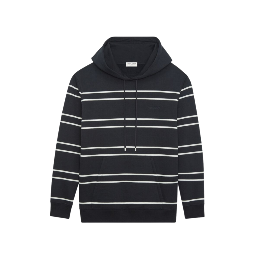 SAINT LAURENT Hoodie coton noir brodé à rayures blanches