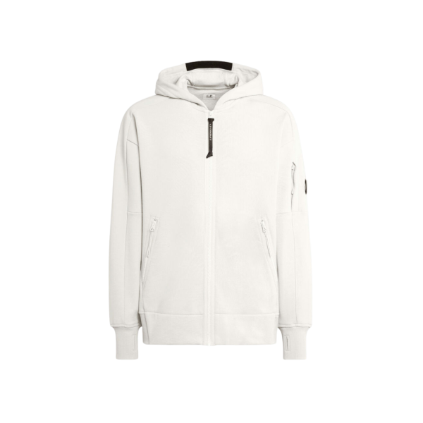 Sweat zippé CP COMPANY molleton relief diagonal polaire blanc lentille