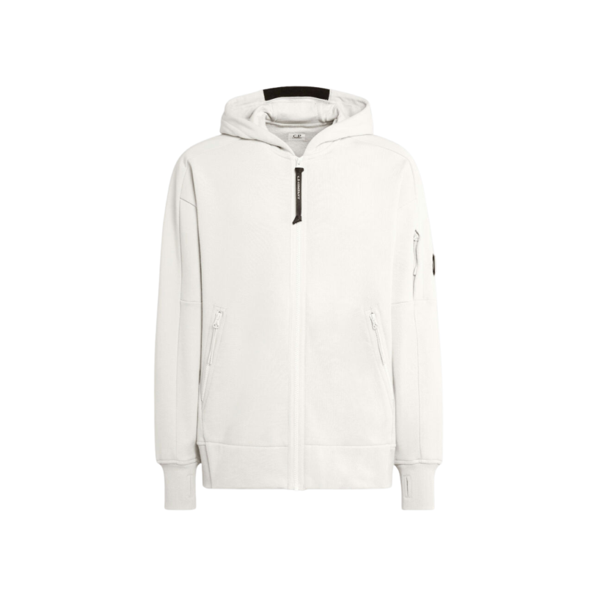 Sweat zippé CP COMPANY molleton relief diagonal polaire blanc lentille