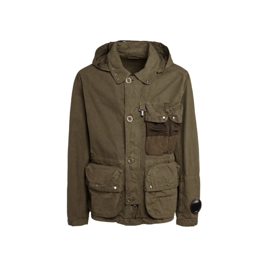 Veste a capuche CP COMPANY lunettes coton kaki multipoches grosse lentille manche