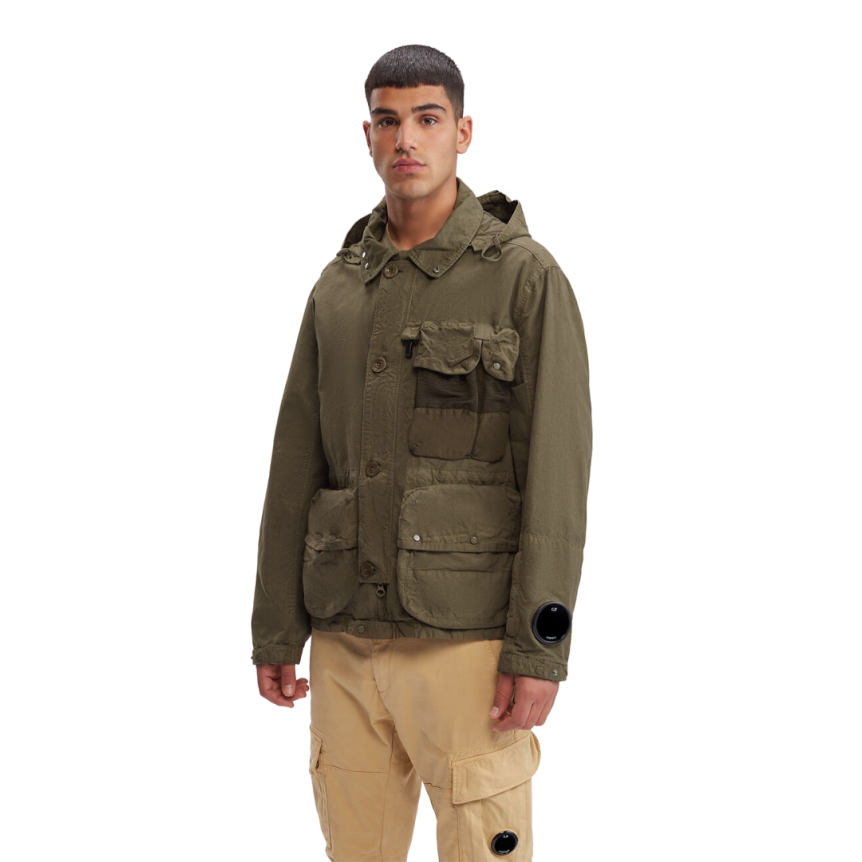 Veste a capuche CP COMPANY lunettes coton kaki multipoches grosse lentille manche