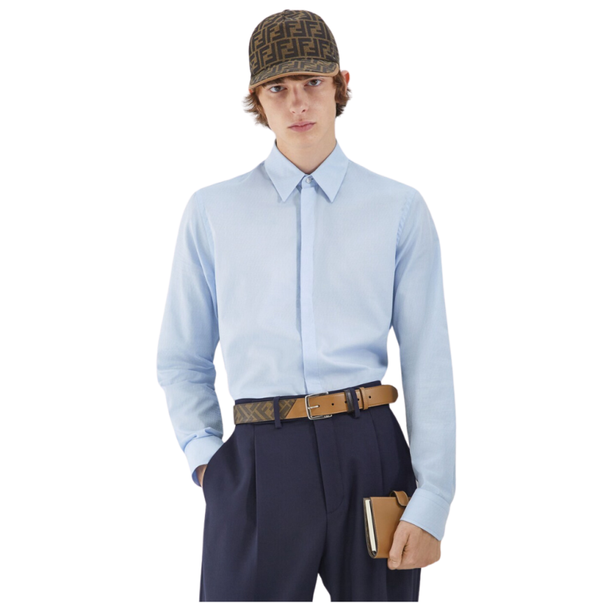 Chemise FENDI soie bleu ciel multi micro FF jacquard