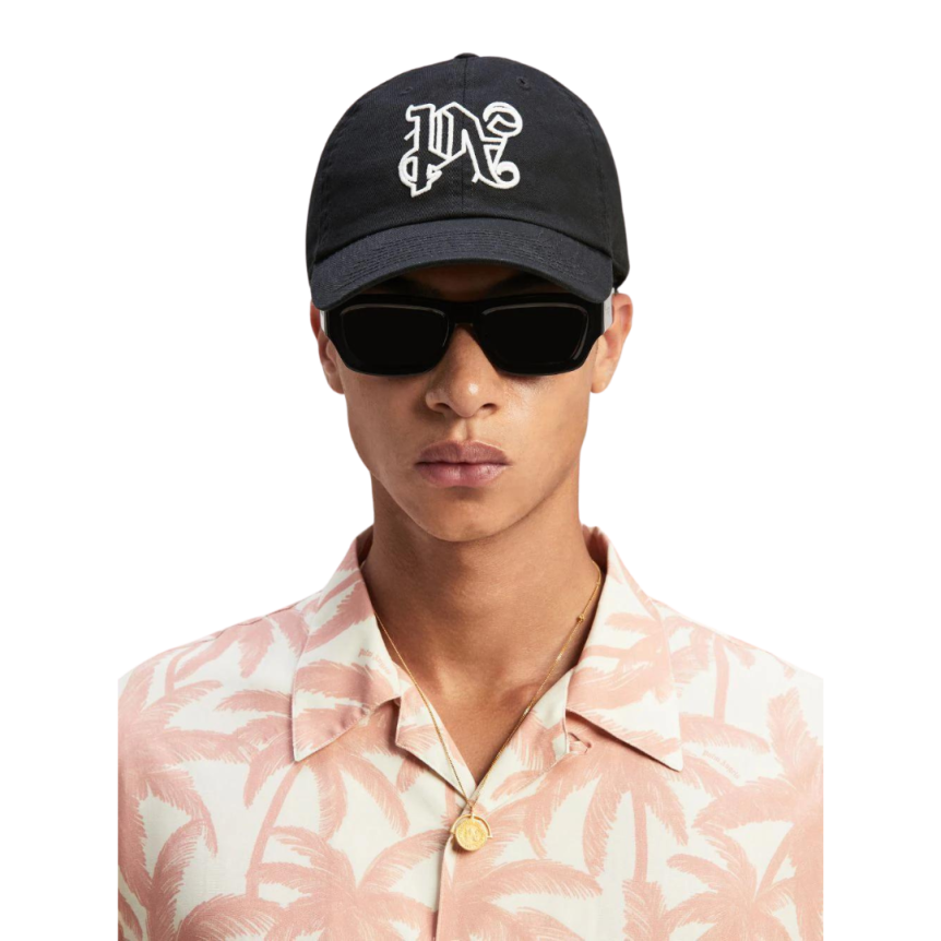 Casquette PALM ANGELS coton noir broderie logo monogramme blanc
