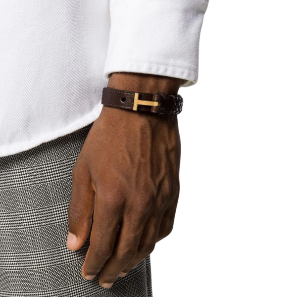 Bracelet TOM FORD cuir tressé marron attache T doré