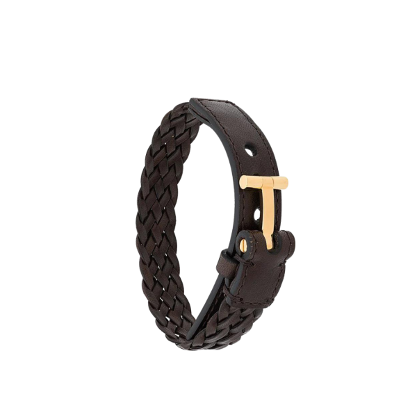 Bracelet TOM FORD cuir tressé marron attache T doré