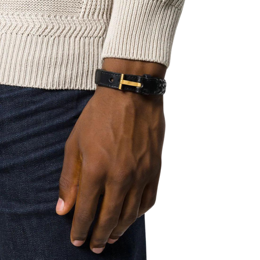 Bracelet TOM FORD cuir tressé noir attache T doré