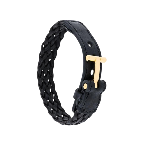 Bracelet TOM FORD cuir tressé noir attache T doré