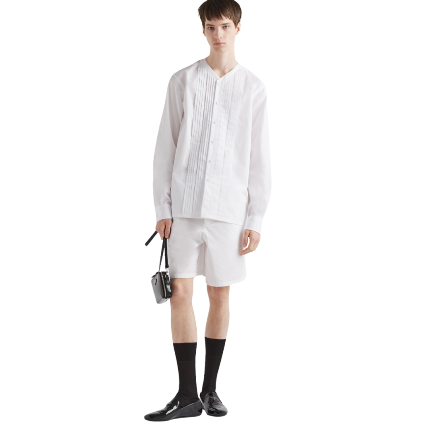 Chemise PRADA manches longues sans col coton blanc Plis avant