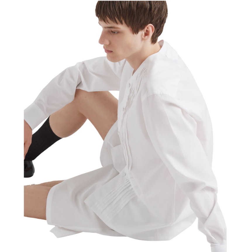 Chemise PRADA manches longues sans col coton blanc Plis avant