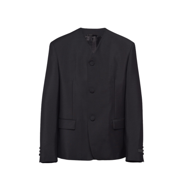 Veste sans col PRADA laine mohair noir Logo triangle maille dos
