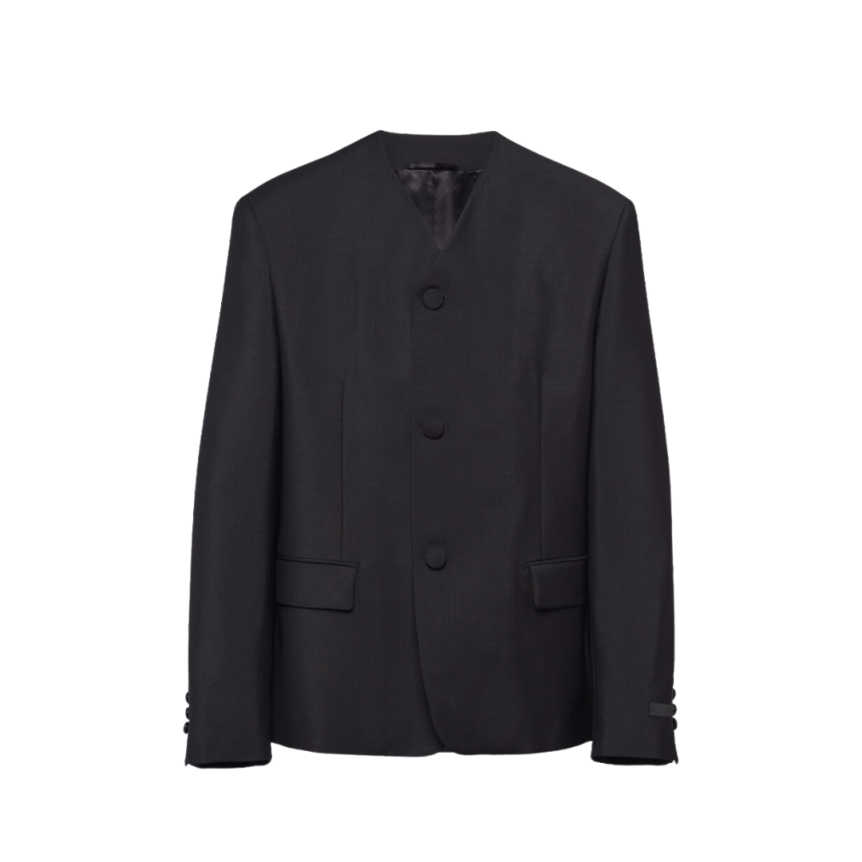 Veste sans col PRADA laine mohair noir Logo triangle maille dos