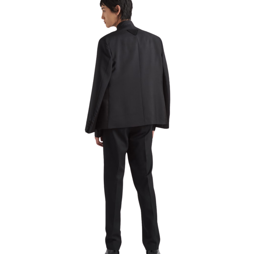 Veste sans col PRADA laine mohair noir Logo triangle maille dos