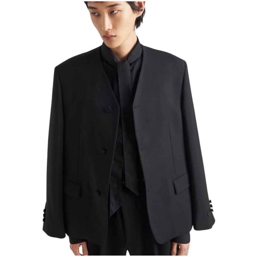 Veste sans col PRADA laine mohair noir Logo triangle maille dos